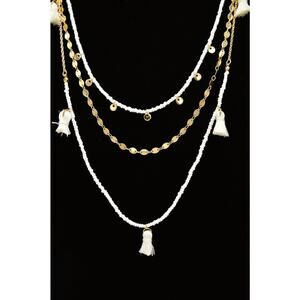 Sugarfix Statement Necklace White Beaded Tassels Gold Multi-Layered BinT